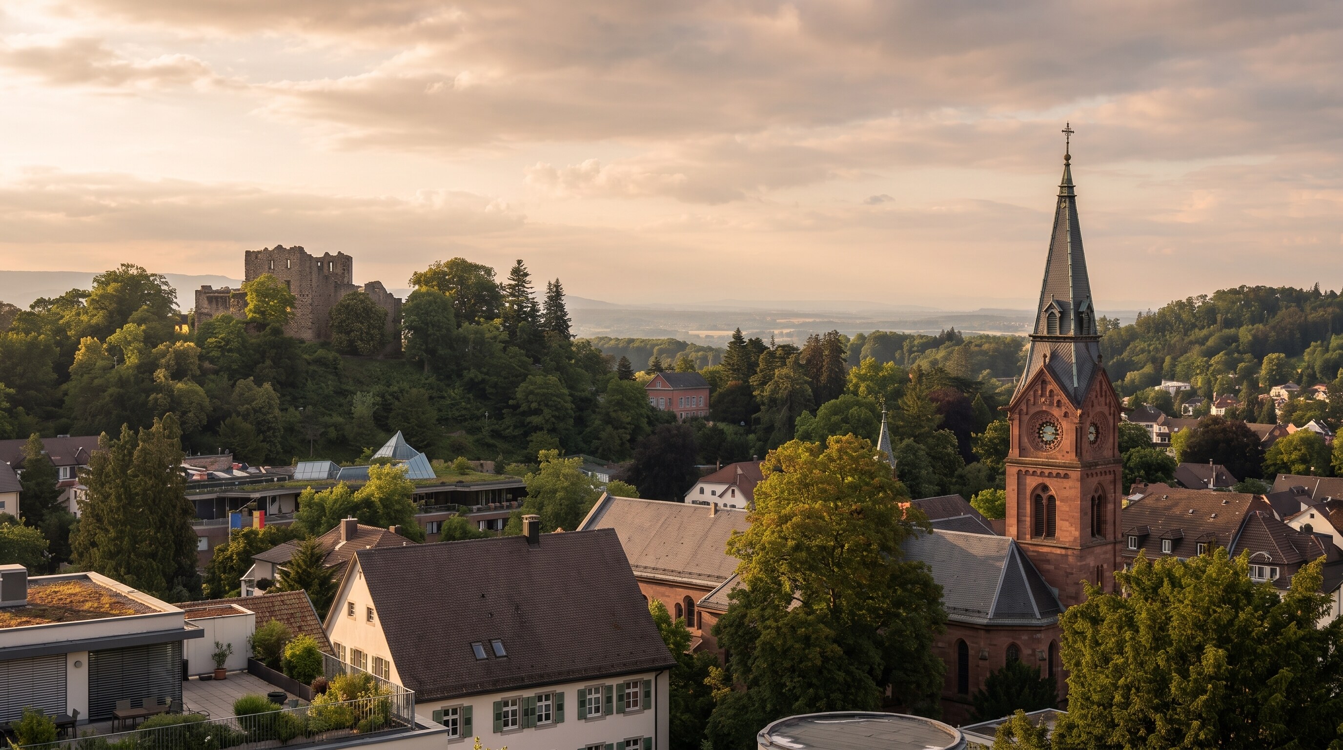 Blick über Badenweiler auf Burgruine, Kirchturm und das Rheintal im goldenen Abendlicht