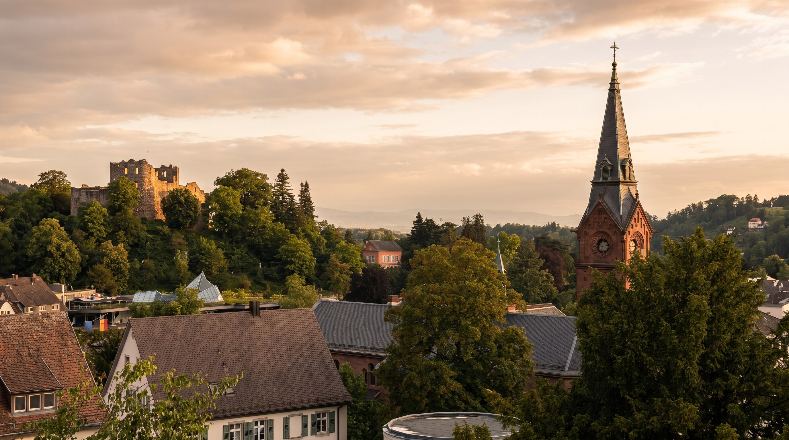 Burgruine Badenweiler und der historische Ortskern im warmen Abendlicht