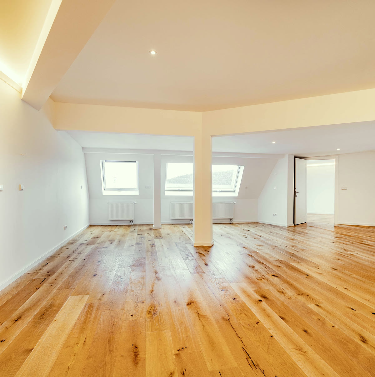 Leeres Dachgeschoss-Apartment mit zwei Säulen, Dachschrägen und Eichenparkett